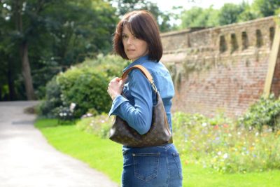 Denim pencil skirt | Denim shirt | Louis Vuitton Sully bag