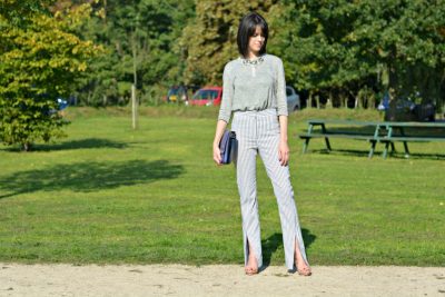 Acne striped trousers | Acne linen grandpa top | Anya Hindmarch clutch | Vintage silver statement necklace | Melissa shoes