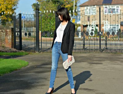 Whistles black blazer | Eternal Collection diamonte bib necklace | Markus Lupfer Muse t-shirt | Neuw Denim skinny jeans | Lanvin ballet wedges | Alexander Wang Dumbo Clutch