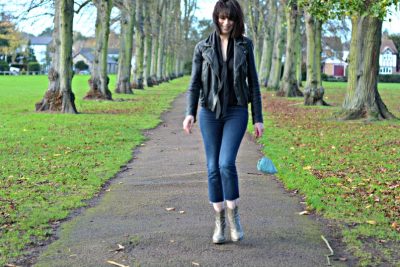 Allsaints Cargo leather biker jacket | J Brand cut off Bardot jeans | Allsaints snake skin ankle boots | Zara tie neck black knit top | Vintage accessorize blue small silk purse bag