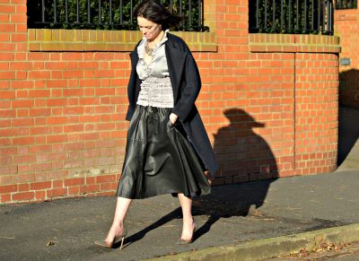 Zara silver ruched sleeveles top | Vintage full black leather midi skirt | Retro silver statement necklace | Maje midnight blue wool coat | 1930s Vintage beaded velvet bag | Gianvito Rossi plexi grey suede pumps