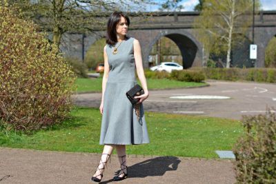 zara grey dress chanel bag chanel necklace jessica buurman lace up flats