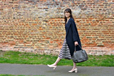 Maje navy mohair coat with Dune block heel pink shoes and Prada bag