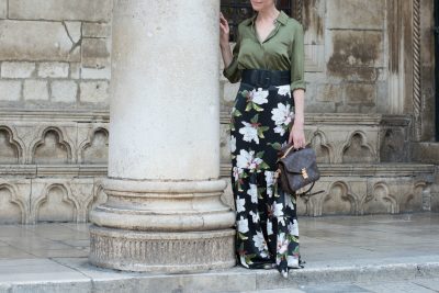 dark-floral-maxi-skirt-gree-silk-shirt-pink-flat-shoes-louis-vuitton-metis